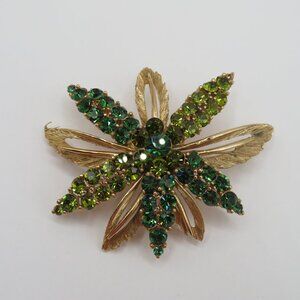 Vintage Green Rhinestone Floral Leaf Gold Tone Brooch